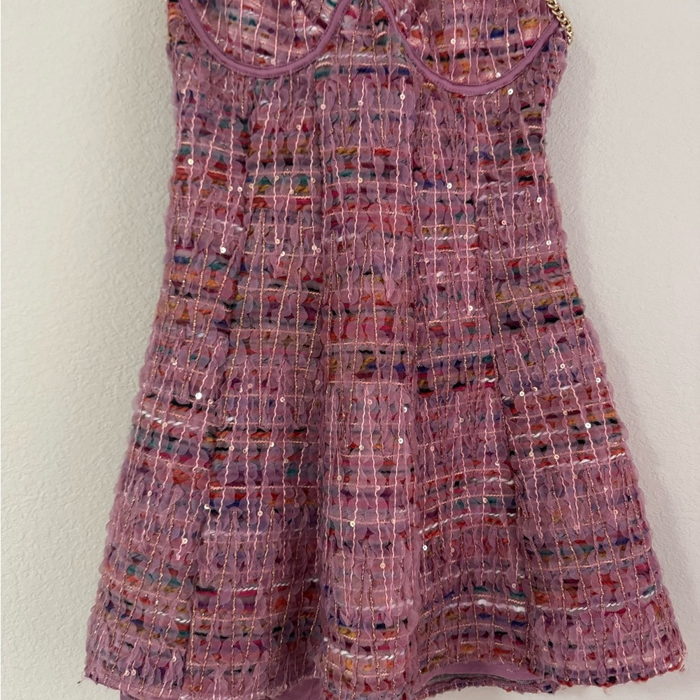 For Love & Lemons Plaid Pink Multi Mini Dress Celine Tweed Chain (S) Like New - Picture 11 of 13